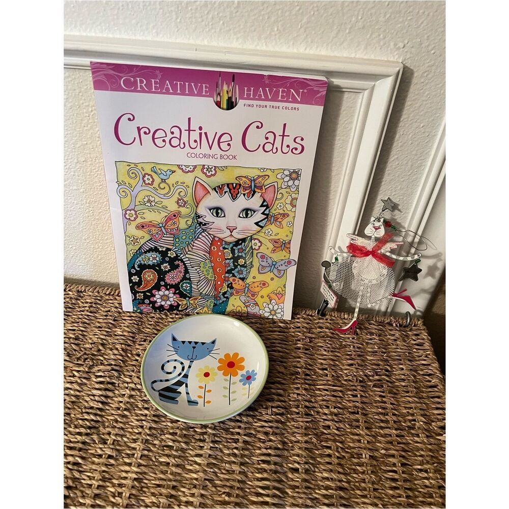 Creative Cats Coloring Book Whisker City VTG Cat Trinket Dish Metal Cat Ornament